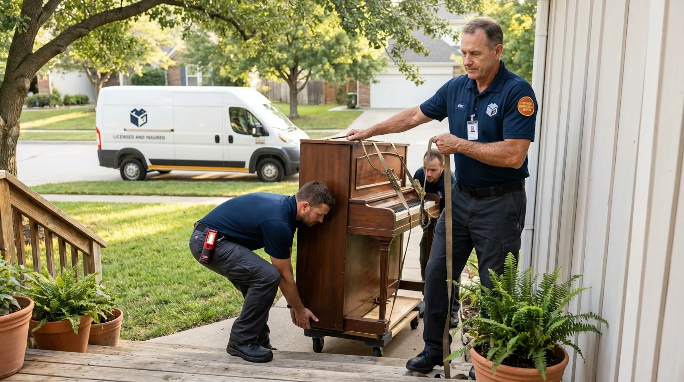 Licensed piano movers securing grand piano in Yakima, WA
