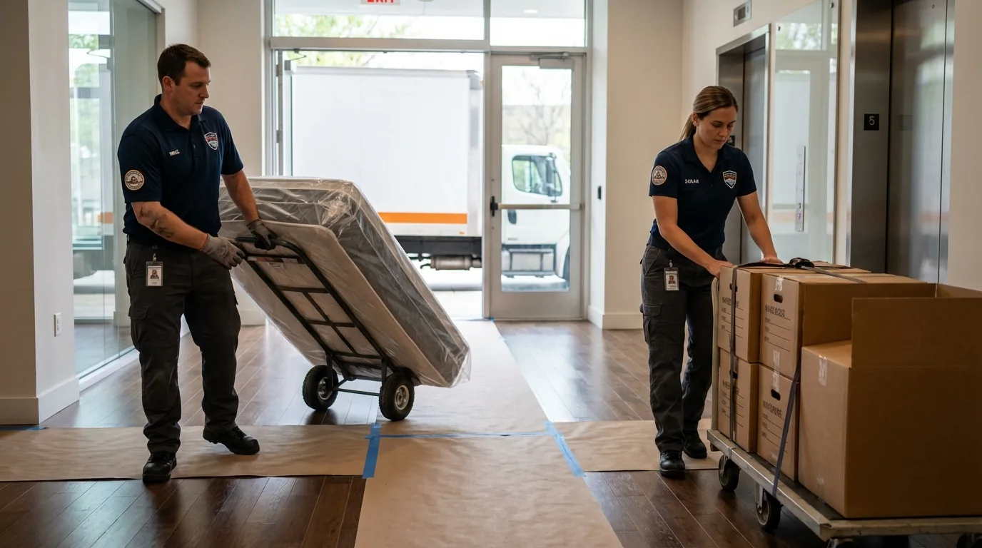 Professional apartment movers loading elevator in Yakima, WA