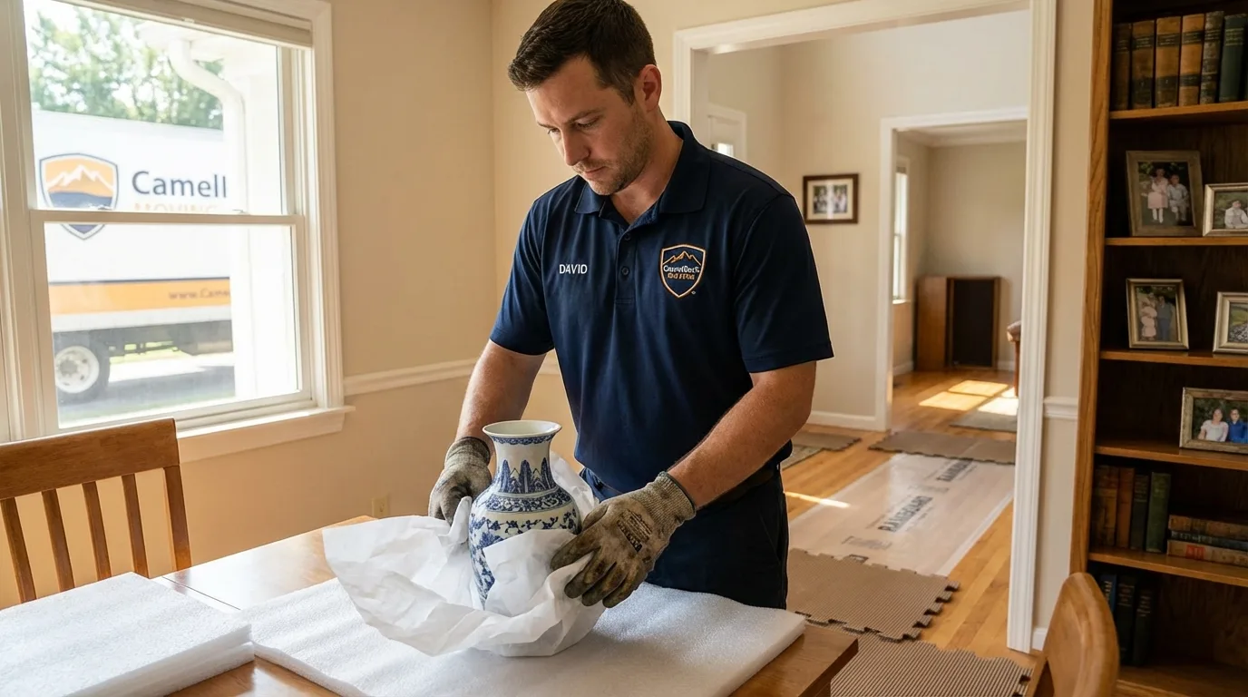 Professional crew carefully wrapping antique vase for senior downsizing move in Yakima, WA